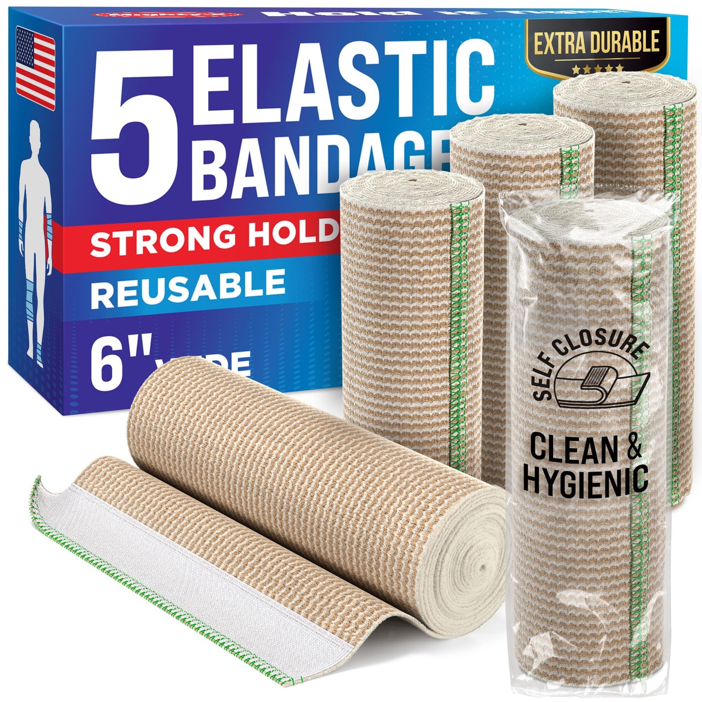 Premium Elastic Bandage Wrap - 6” (5pk) - Strong Compression - Self-Closing Reusable Bandages for Legs, Knee, Back, Abdomen, Lymphedema - Body Wrap - for First Aid Kit and After Surgery Recovery