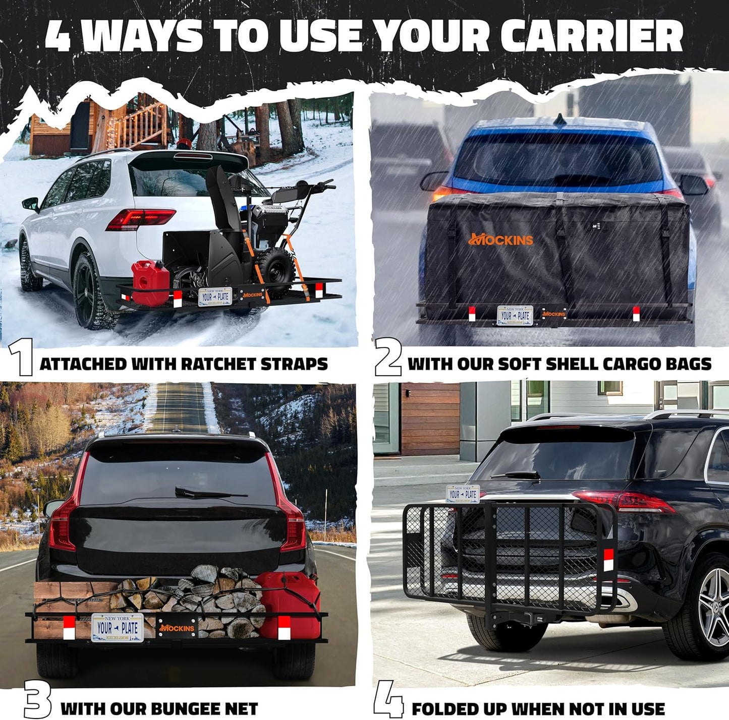 Mockins Folding Luggage Rack - 500 lb Capacity Steel Cargo Carrier for SUV/Truck | 60"x20"x6" with Waterproof Cargo Bag