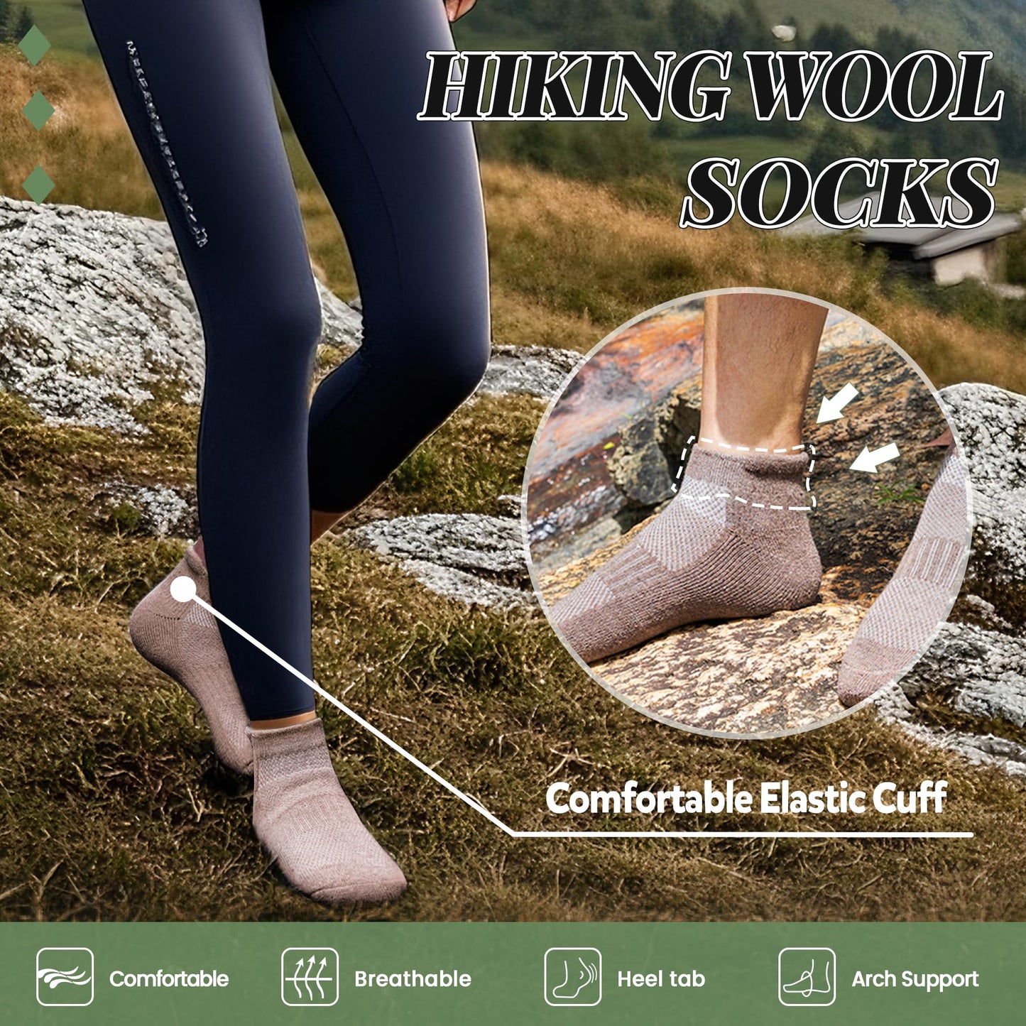 Merino Wool Ankle Hiking Socks For Men & Women No Show Running Athletic Support Thick Cushioned Breathable Socks 6 Pairs (Black & Grey, 6-9)