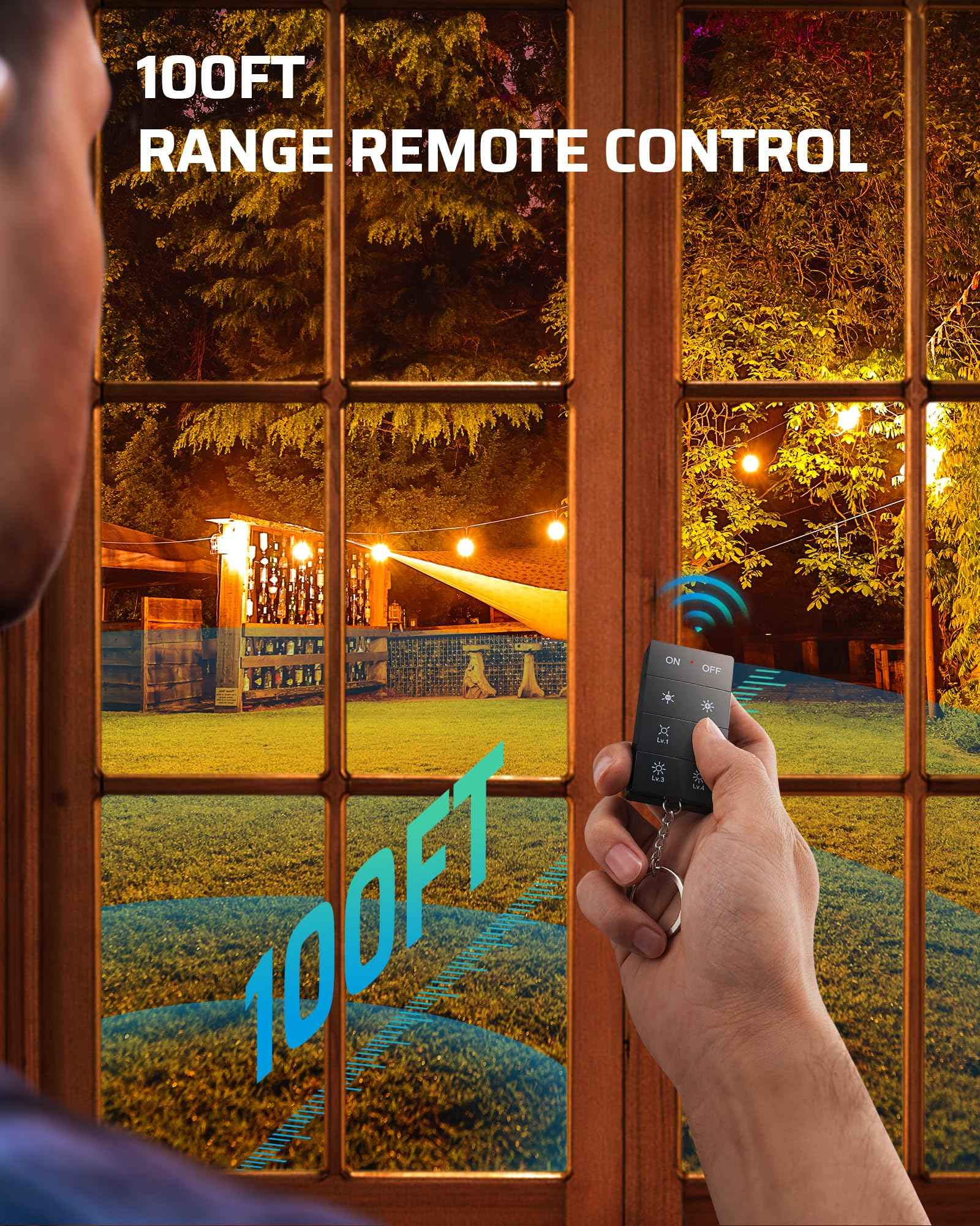 DEWENWILS Outdoor Dimmer for String Lights, 100FT Remote Range, IP44 Waterproof Plug-in Dimmer for Garden, Patio, Porch, 4 Level Brightness Button, Max 150W Dimmable LED/300W Tungsten Bulbs