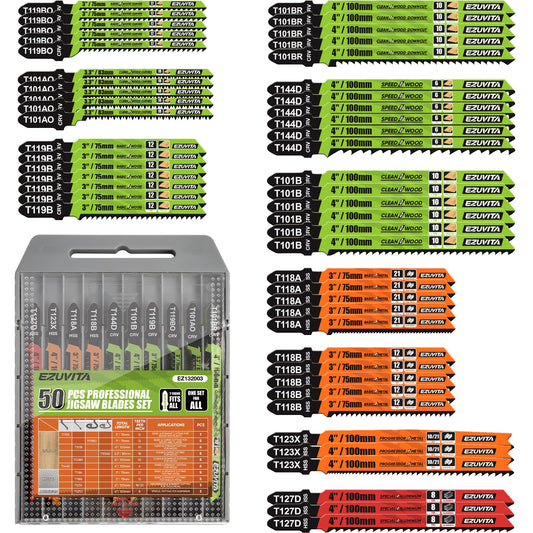 EZUVITA 50-Piece Jigsaw Blades Set with Storage Case–CR-V&HSS Steel, Assorted T-Shank Replacement Jig Saw Blades for Cutting Wood, Plastic and Metal