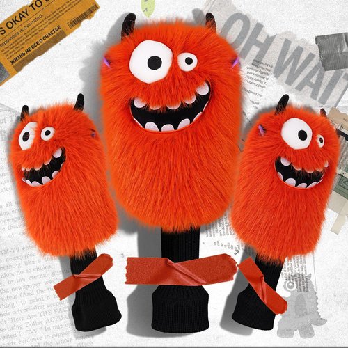 LZFAN Funny Golf Headcover, Animals Plush Driver Headcover Fairway Hybrid Headcover, Golf Club Head Covers Gift for Men Women Orange Monster