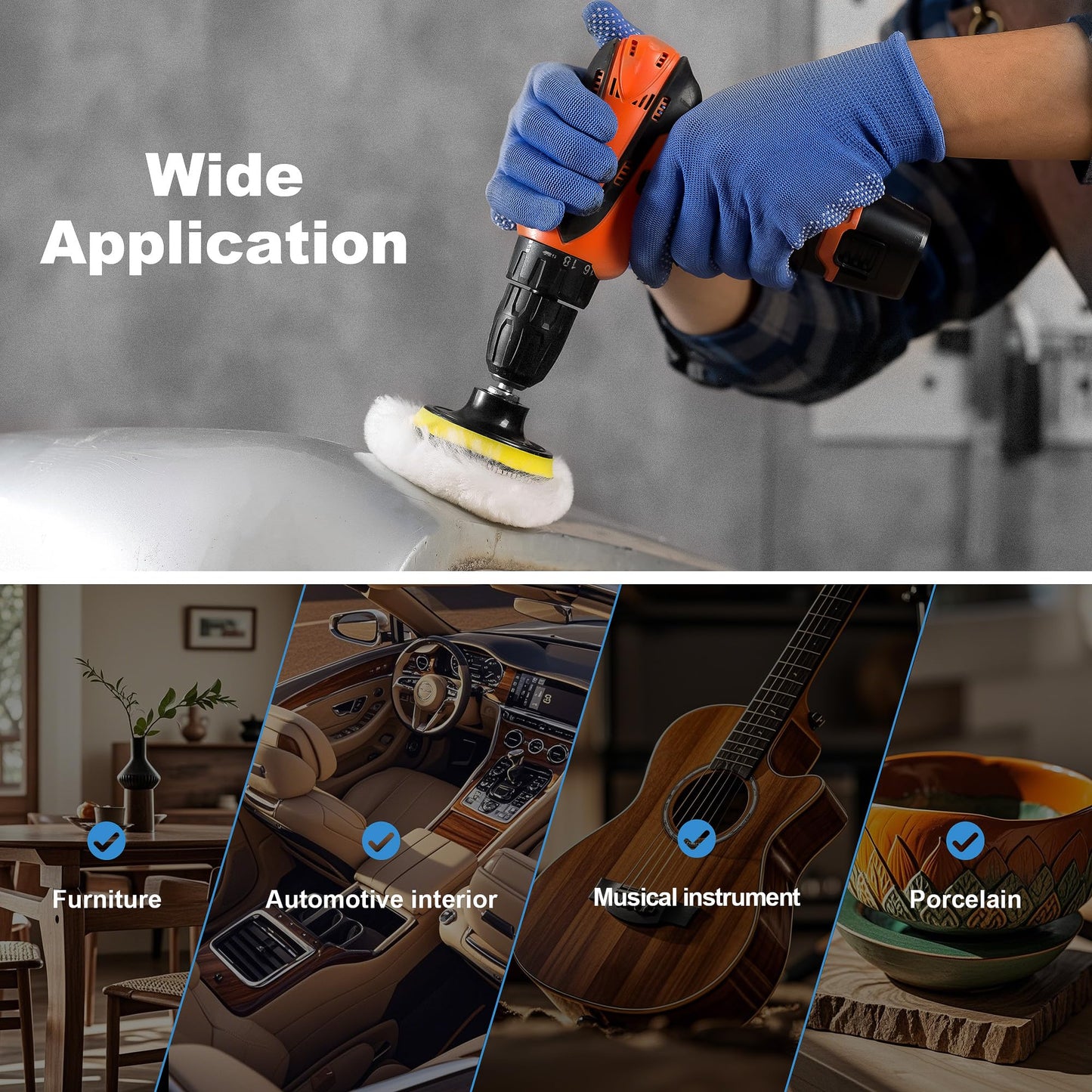 S SATC Wool Polishing Buffing Pad Set with 5PCS 3 Inch Wool Buffing Wheel for Drill, Hook and Loop Back Pad with M10 Drill Adapter, Compound Waxing and Polishing for Car Polisher