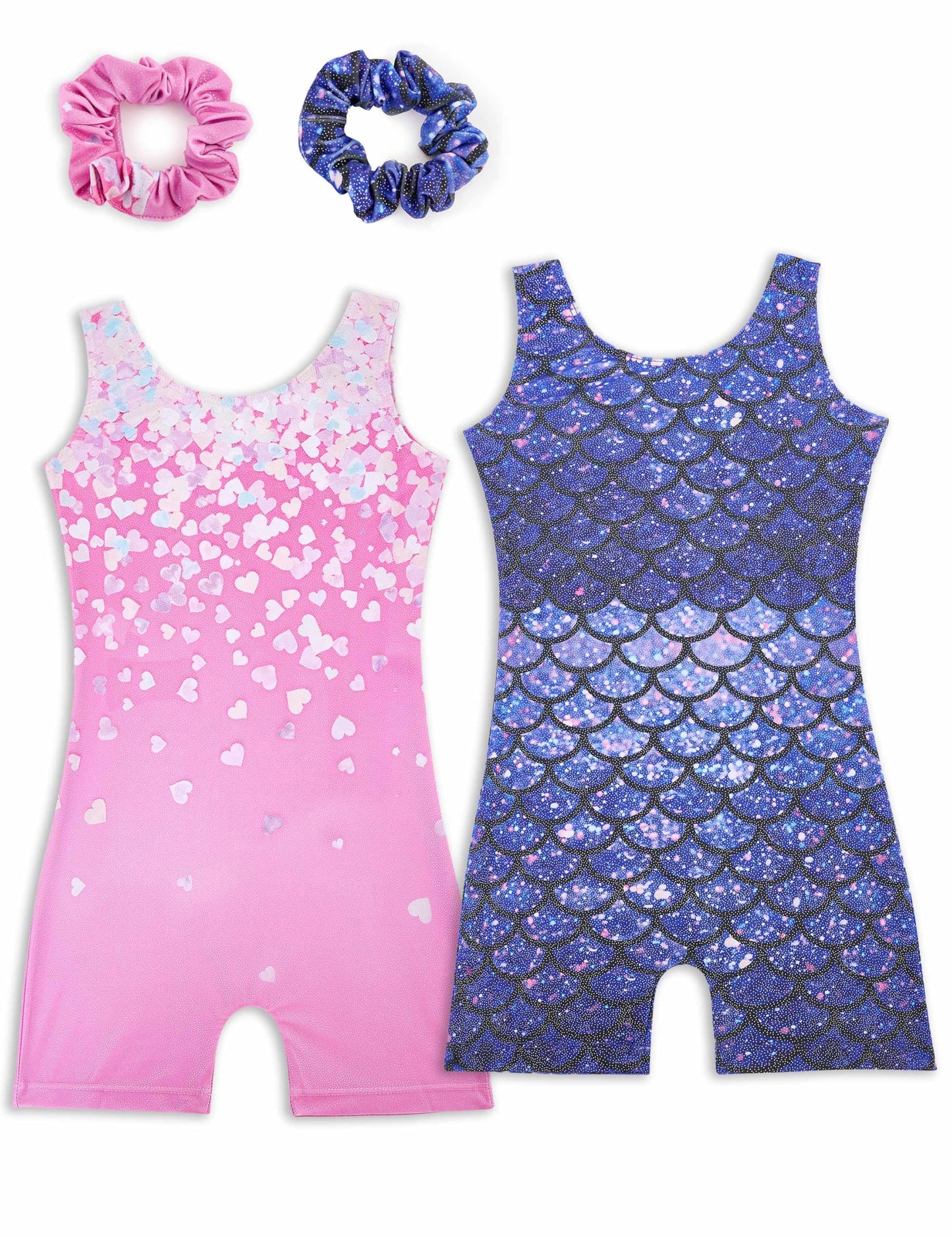 Tstiti Gymnastics Leotards for Girls 2 Pack Sparkly Kids Biketards Dance Unitards Matching Hair Scrunchies Heart Mermaids 7-8 Years
