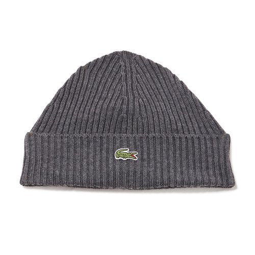 Lacoste Unisex Rib Knit Brushed Wool Beanie, Grey Chine, One Size