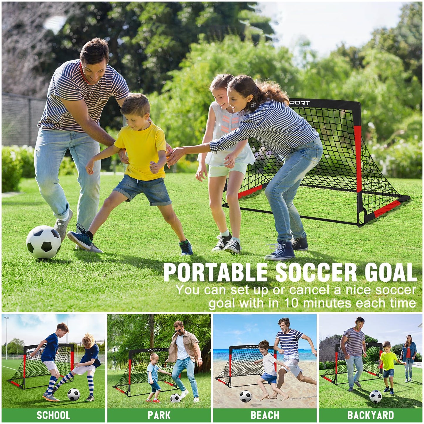 VAVOSPORT Kids Soccer Goals for Backyard, 2-Pack 4x3ft Portable Soccer Nets, Pop Up Mini Toddler Soccer Goal Set with Size 3 Ball, Cones & Pump for Ages 3-12, Indoor & Outdoor Practice Training Kit