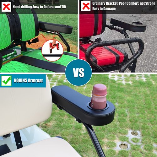 NOKINS Golf Cart Armrest with Cup Holder Support Frame Sturdy No Drilling for Most Golf Cart 1-1/4 inch Round Tube, Normal Black, i40 i40L i40FL i40F i60 i60L i60F i80