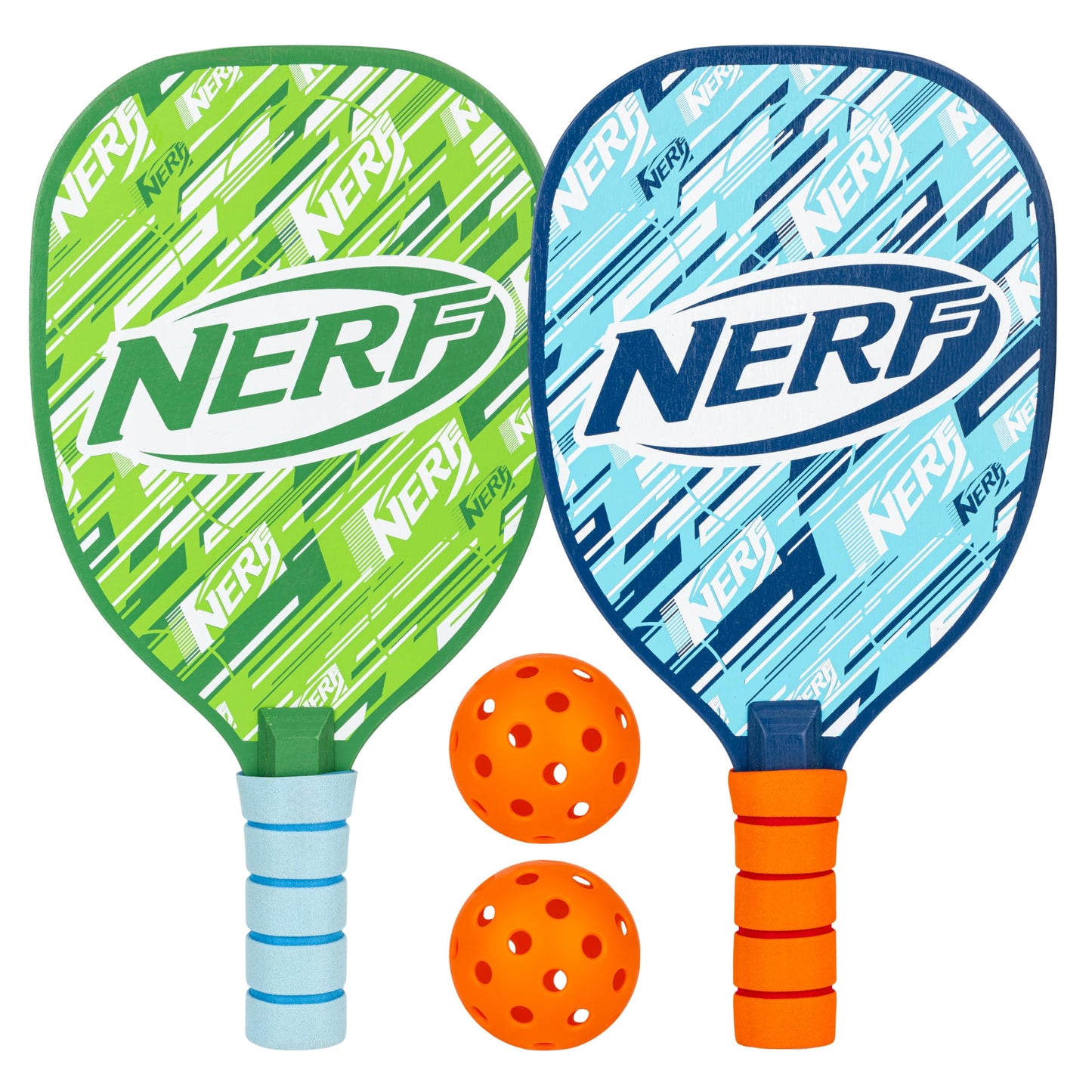 NERF 2 Player Pickleball Paddle Set - Youth Pickleball Equipment Set - (2) Wooden Paddles with Foam Grips + (2) Outdoor Balls for Kids - Carry Bag Included