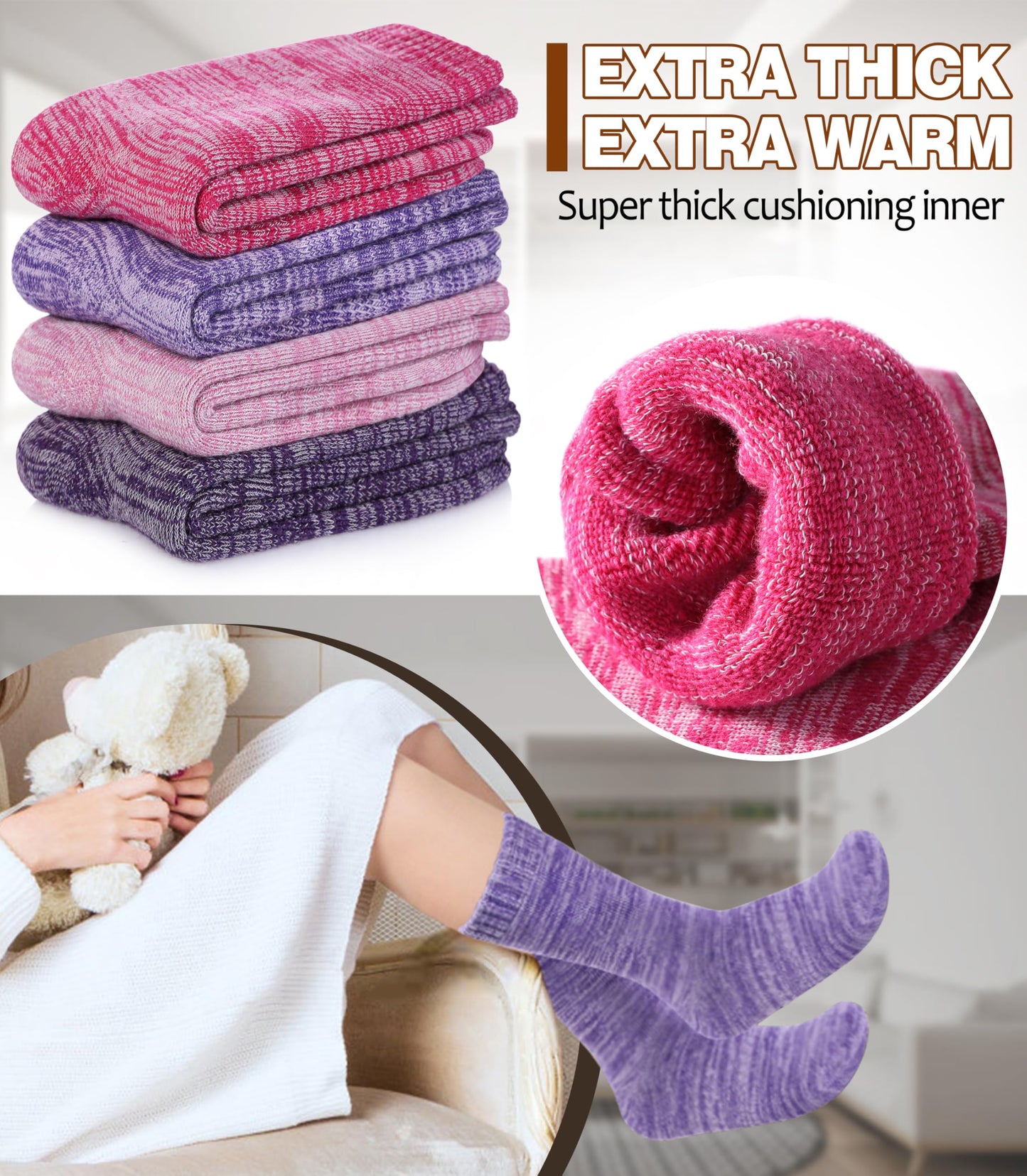 LANLEO Merino Wool Hiking Socks for Women Men Thermal Extra Thick Winter Warm Comfy Cushioning Crew Boot Socks 4 Pairs Rose Red/Pink/Dark Purple/Light Purple,Medium