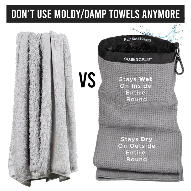 Club Scrub Towel Pro, Golf Club and Ball Cleaning Pouch with Attached Towel, Waterproof Exterior, Clean Face Technology Liner, Machine Washable, Cleans Club Grooves, Waffle-Weave Microfiber (Gray)