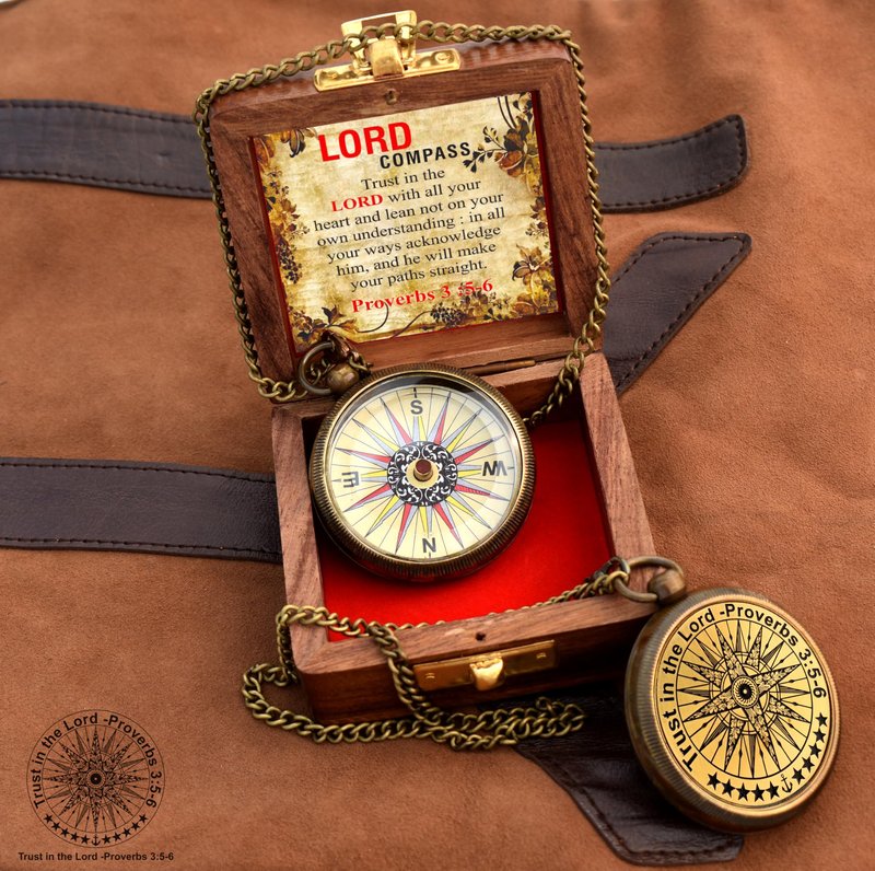 Trust in The Lord with All Your Heart -Proverbs 3: 5-6 Quote Engraved Compass with Wooden Box, Birthday, Baptism, Communion, Christmas, Graduation Day Gifts 2026 Compass for Women Mens Boy Girls