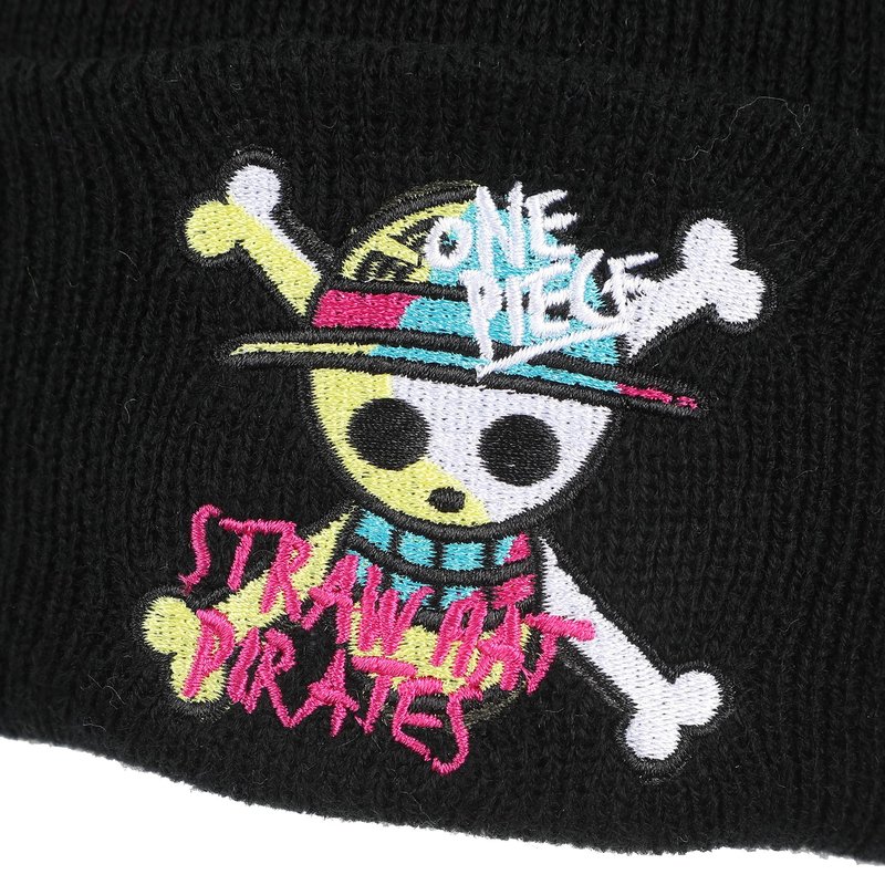 One Piece (Live Action) Jolly Roger Pirate Cuff Embroidery On Ribbed Black Acrylic Knit Cuff Beanie
