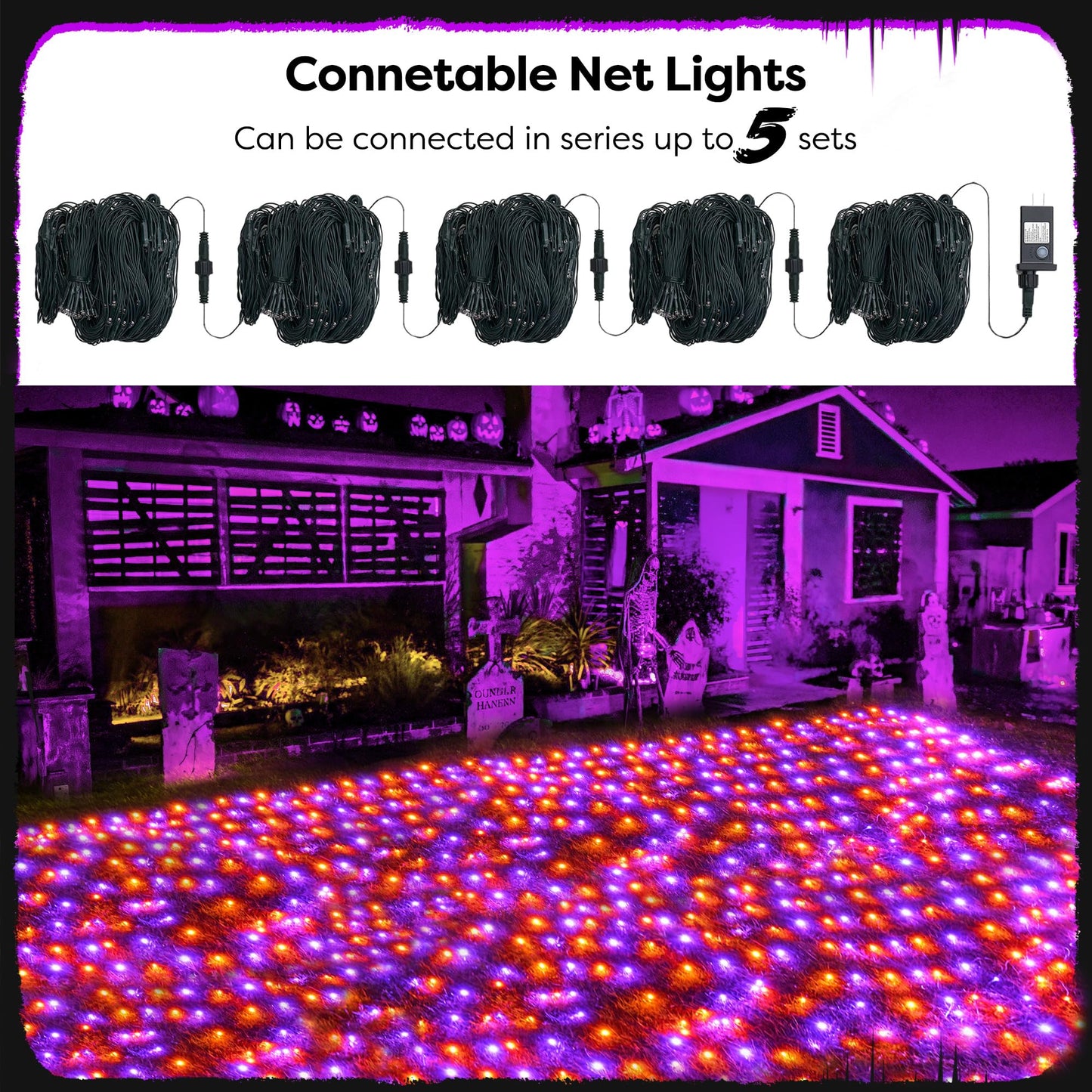 WBao Halloween Lights Outdoor 200LED 8.4ft x 5.2ft Orange Purple Halloween Net Lights with 8 Modes, Timer, Connectable, Waterproof & Dark Green Wire for Lawn, Bushes, Trees, Outdoor Holiday Decor