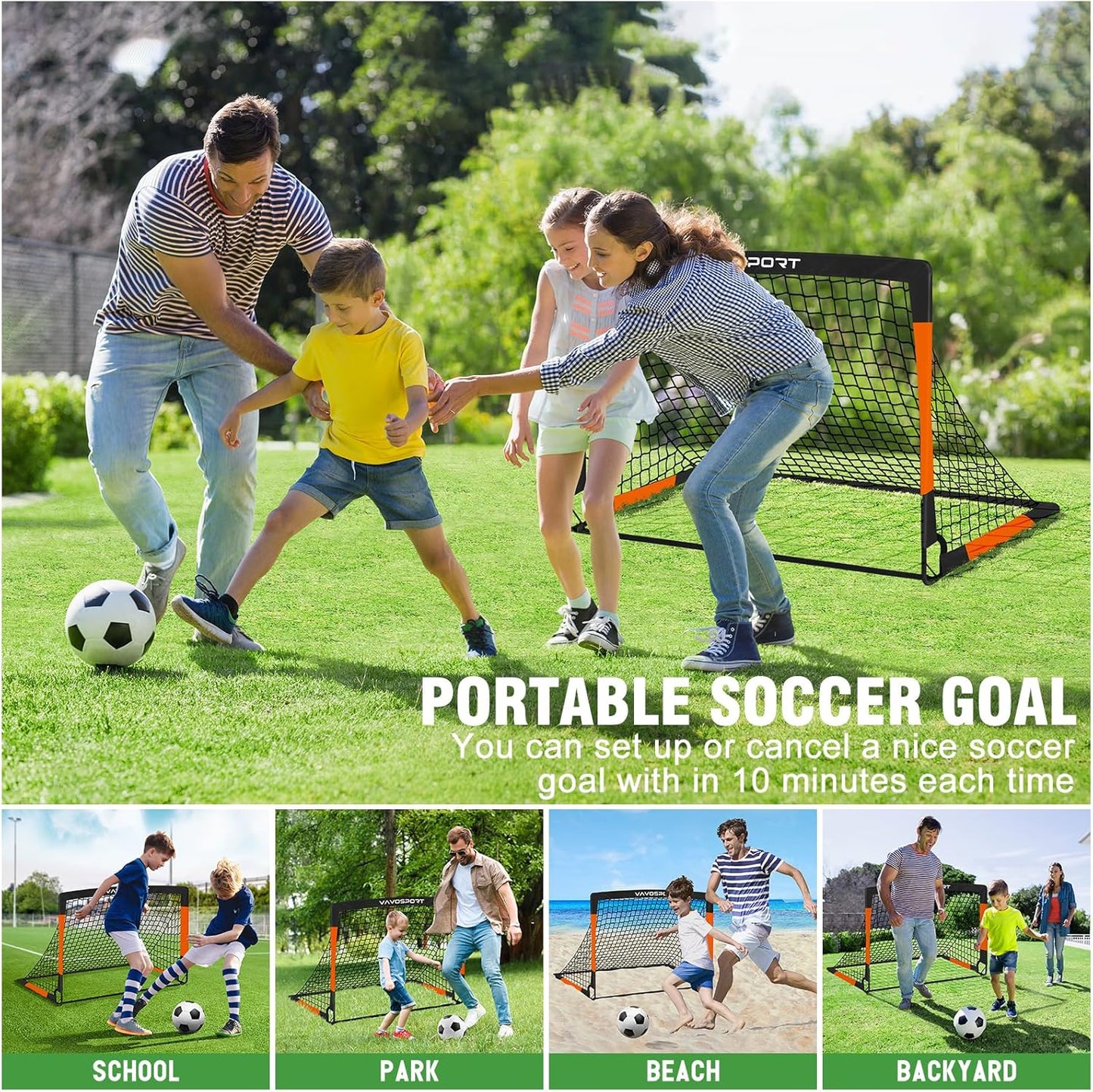 VAVOSPORT Kids Soccer Goals - Portable Mini Soccer Nets Set for Backyard Play | 4x3 & 6x4 ft, Ages 3-14