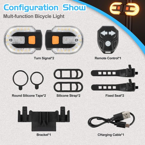 ChimimeDecor 2Pcs Bicycle Turn Signals with Alarm, Split/Integrated Bicycle Tail Light, Brake Light, 5 Light Modes, USB Rechargeable, Waterproof, Remote Control & Detachable for Safe Night Cycling
