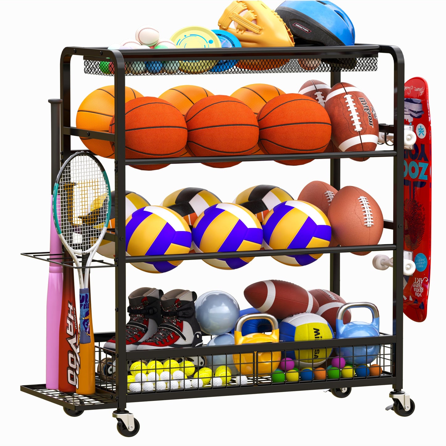 Basketball Hoop,Wheeled Sports Ball Storage Rack,Double-Row Basketball Hoop Holds 16+ Balls,Ball Storage Rack with Baseball Bat Holder and Hooks,Stores Basketballs,Soccer Balls,Footballs,etc.-Black