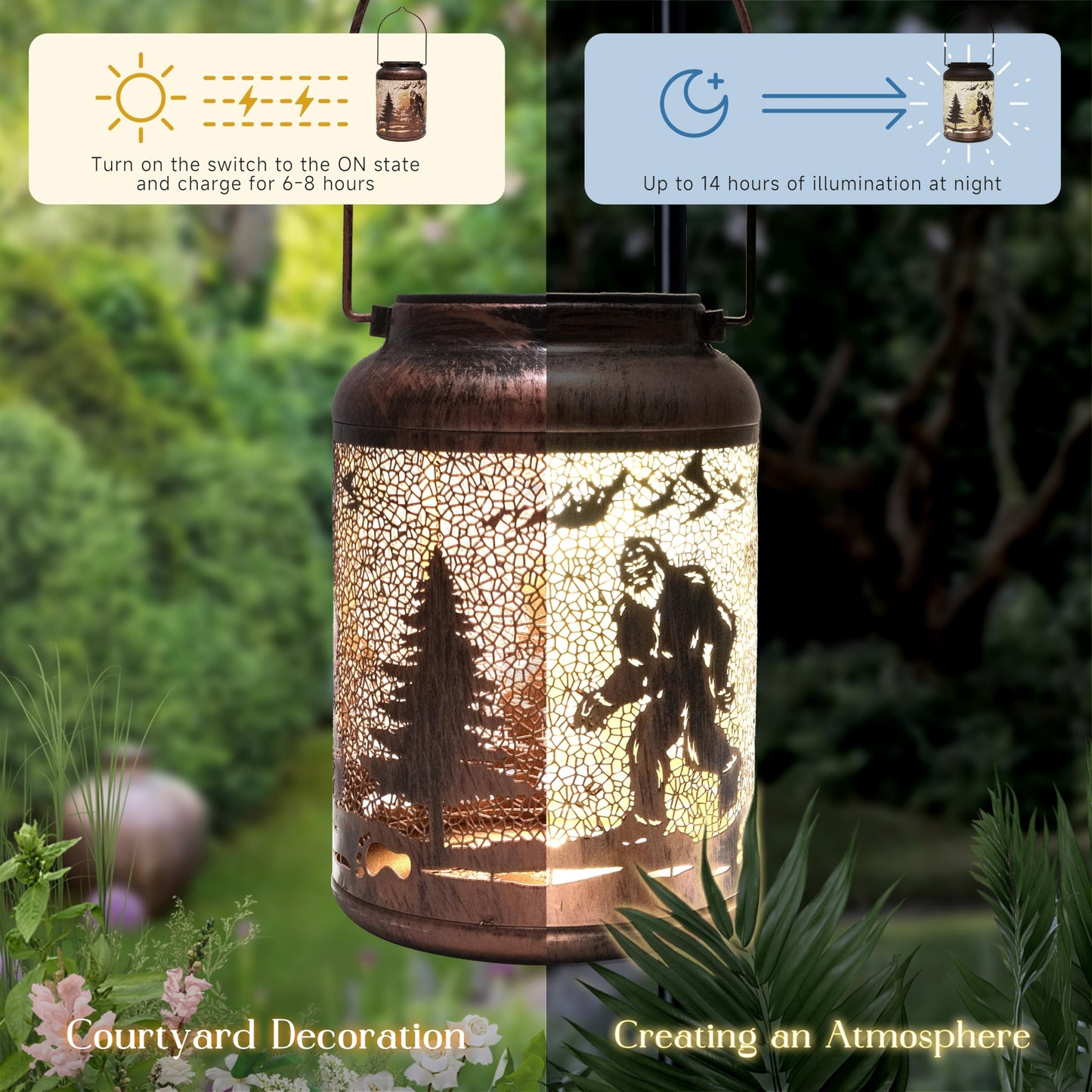 Bigfoot Solar Lanterns Outdoor Waterproof, Birthday Christmas Gifts for Women Mom Grandma, Garden Decor, Hanging Solar Lantern Decorative Lights for Yard Patio Pathway Landscape(Retro Lantern)