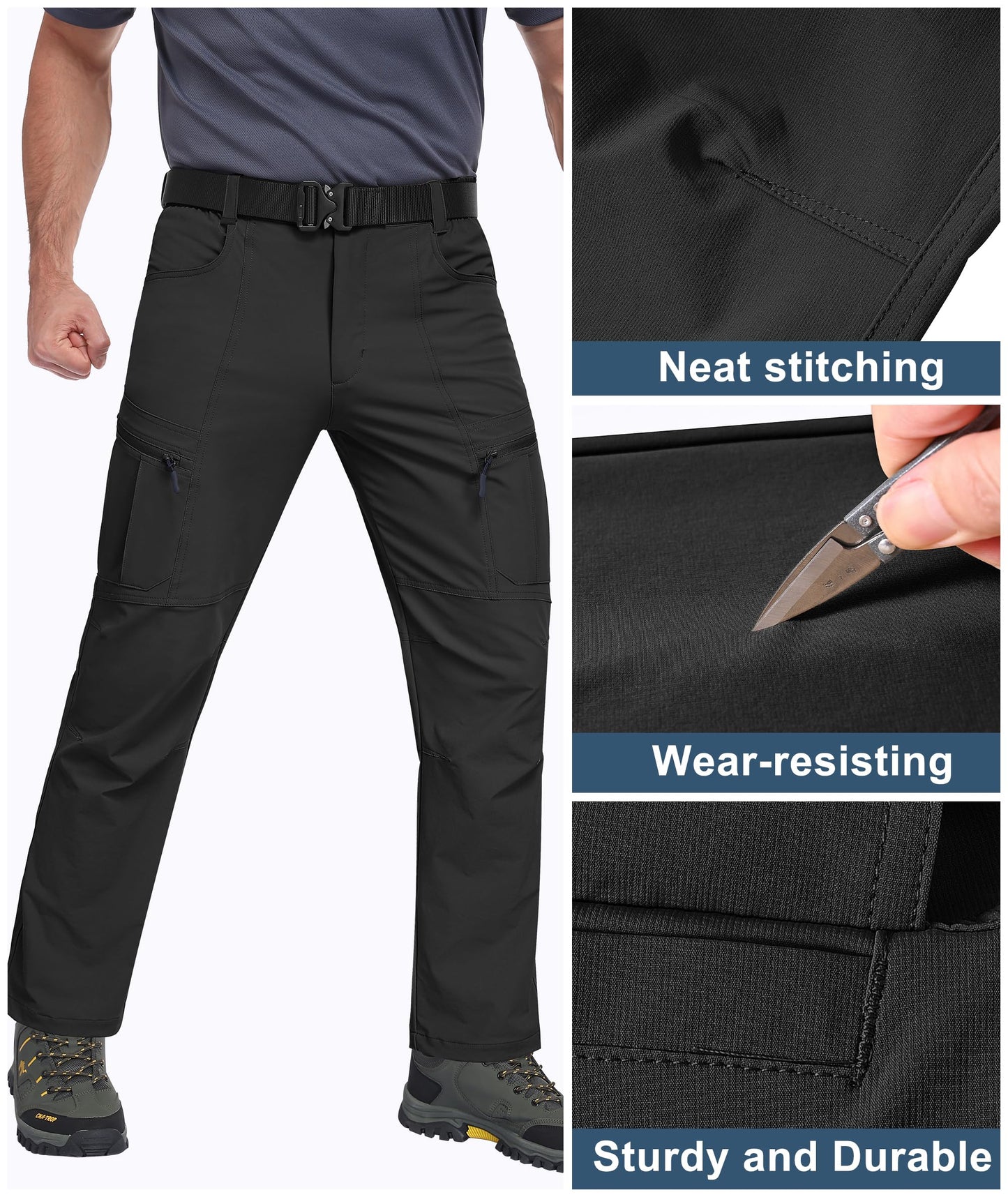 Buyboxs Mens Hiking Pants Water Resistant Ripstop Cargo Pants Lightweight Nylon Quick Dry Outdoor Tactical Work Travel Pants 6 Pockets Black 34W*30L