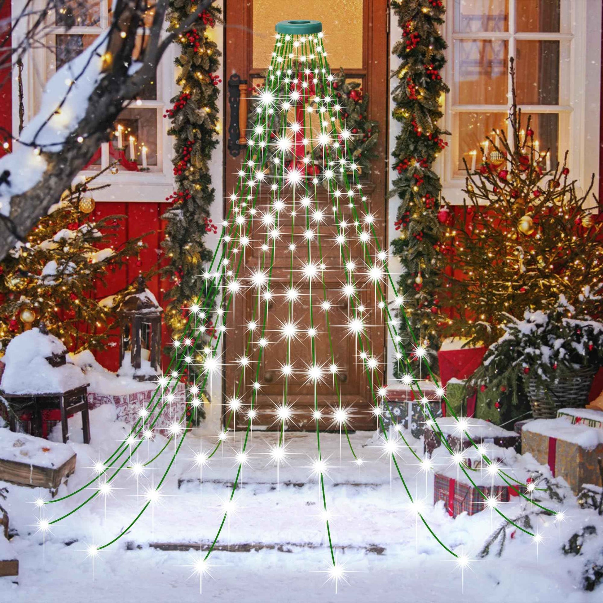 Outdoor 8.1 FT 16 Lines White Christmas Tree Lights with Ring, 448 LED Christmas String Lights with 8 Modes& Timer, Cascading Twinkle Light for Xmas Tree Tent Party Yard Decoration