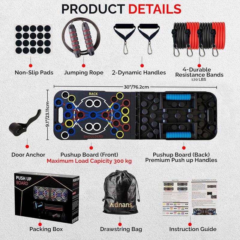 Adnans 54 in 1 Upgraded Foldable Push up Board - Multi-Functional Push Up Bar, Resistance Bands with Handles and Jumping Rope, at Home Workout Equipment for Perfect Push Up