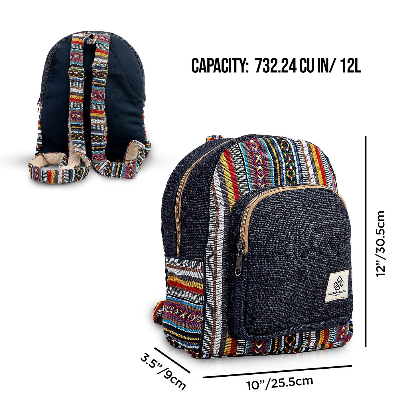 Mini Hemp Backpack Bag - Woven Thread Eco Friendly Unisex Rustic Durable Adjustable Straps Bag by Freakmandu - Blue