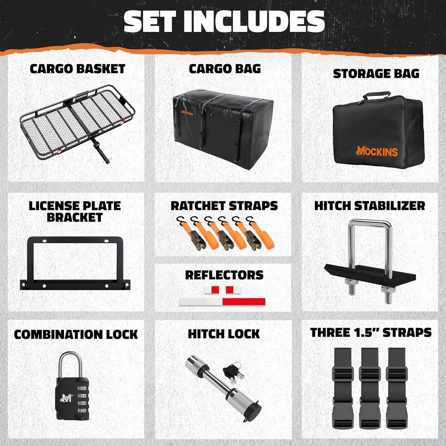 Mockins XXL Folding Trailer Hitch Cargo Carrier - 500 Lbs Capacity All-Weather Steel Rack | 70"x30"x6" w/ 40 CuFt Waterproof Bag & Accessories