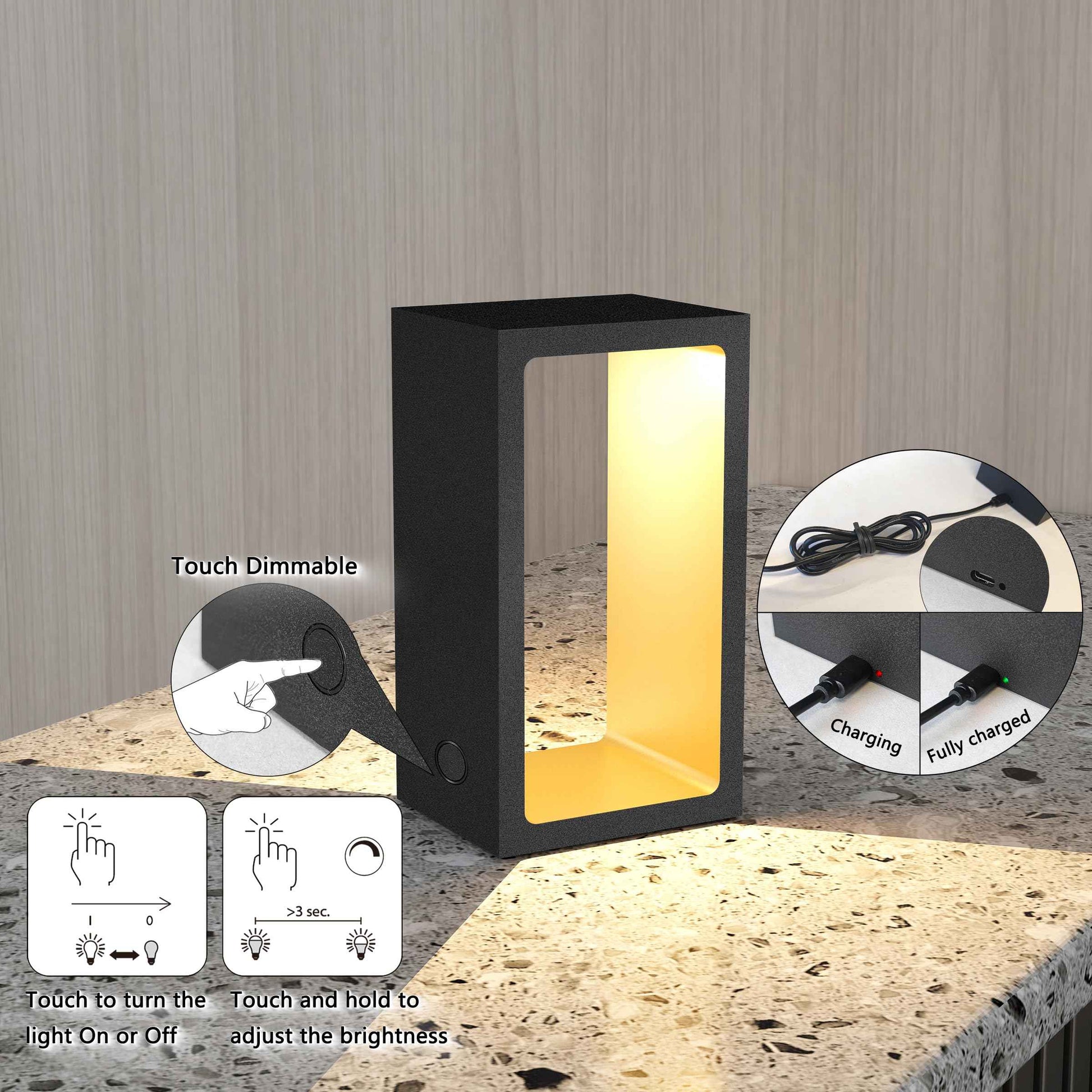 Minimalist Portable Cordless LED Desk Lamp, Adjustable Brightness Bedside Night Light, 7" High Aluminum Metal Table Lamp Battery Operated, Rechargeable Wireless Table Lamp for Home (Black + Gold)