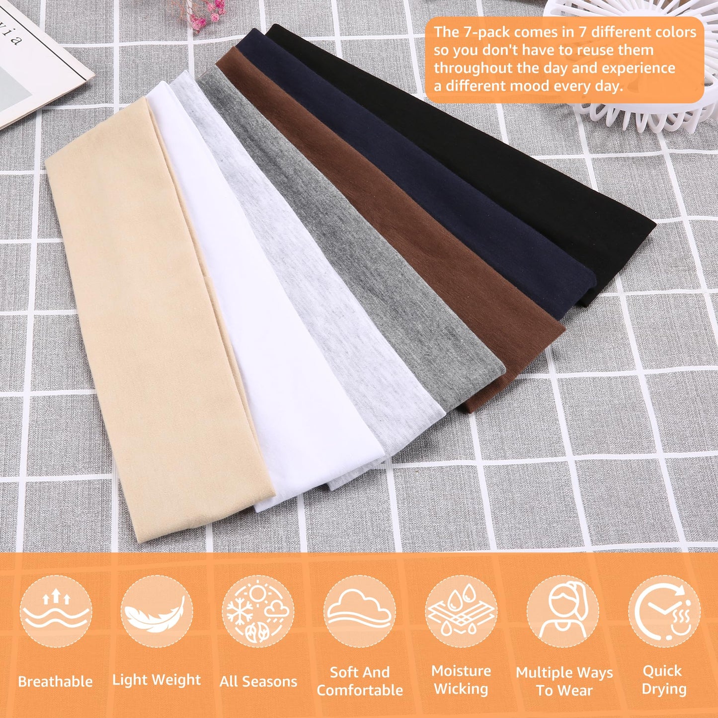 DiyJibb Headbands for Women, Stretchy Non Slip Soft Cotton Cloth Hair Bands for Sports, Workout, Yoga and Running, 7pcs