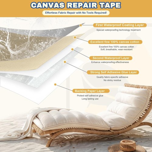 Canvas Repair Tape - 3.2 x 63 Inch Waterproof Heavy-Duty Fabric Tape for Furniture & Outdoor Use | Khaki