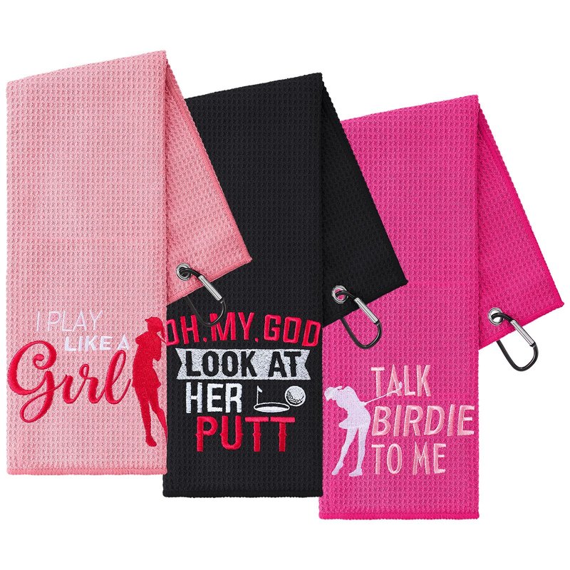 Moukeren 3 Pcs Funny Womens Golf Towels Microfiber Embroidered Ball Towel with Clip for Mother Day Retirement Birthday Gift for Grandma Mom Sister Golfer Lover(Black, Hot Pink, Pink,Elegant Style)