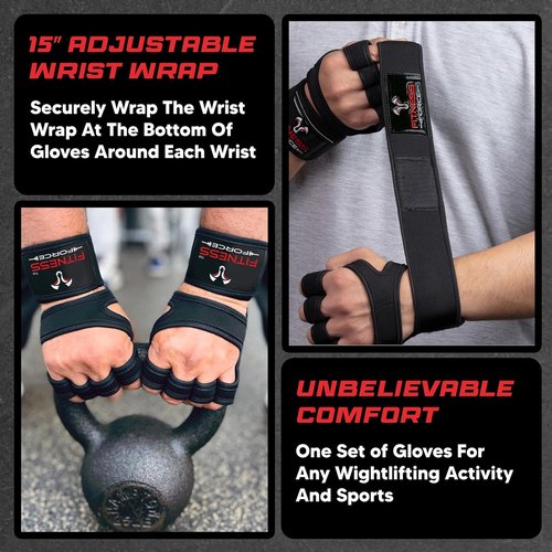 Fitness Force Weightlifting Gloves - Ventilated Fingerless Workout Gloves with Wrist Wraps for Men & Women
