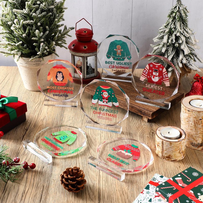 Barydat 6 Pcs Ugly Christmas Sweater Trophies 4.72 Inch Ugly Sweater Trophy Acrylic Ugly Sweater Contest Prizes for Xmas Winner Holiday Party Trophy Award Game Favors, 6 Styles