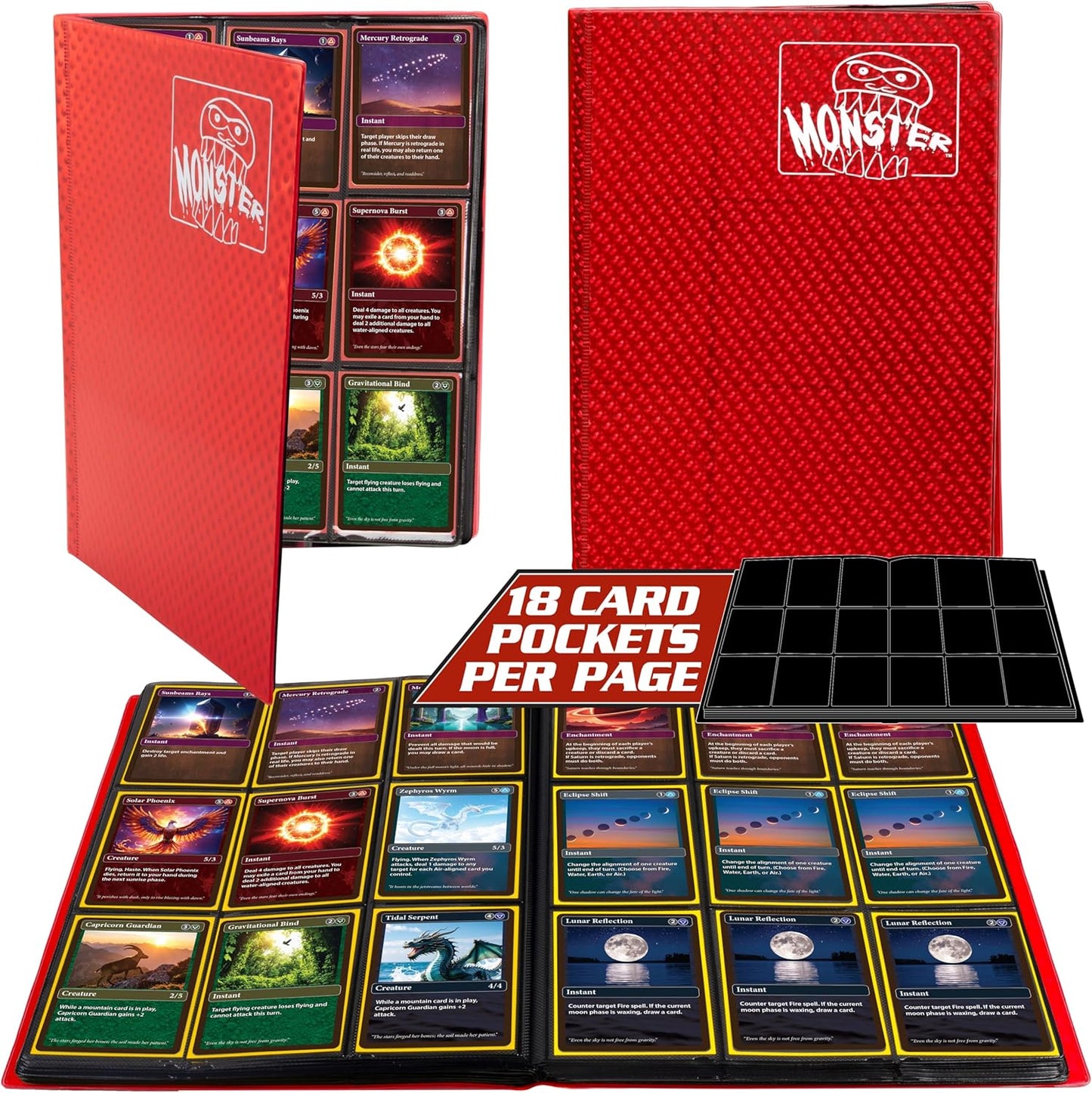 Monster 9 Pocket Trading Card Album - Holofoil Red Binder for TCG Protection | Holds 360 Cards, Side Loading Design