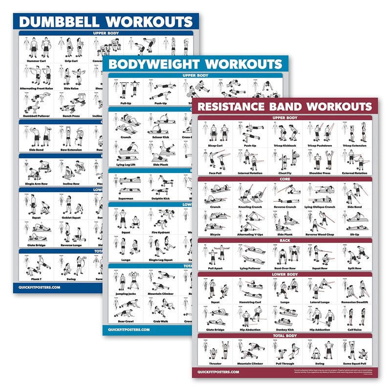Palace Learning 3 Pack - Dumbbell Workouts + Bodyweight Exercises + Resistance Bands Poster Set - Set of 3 Workout Charts (LAMINATED, 18" x 24”)