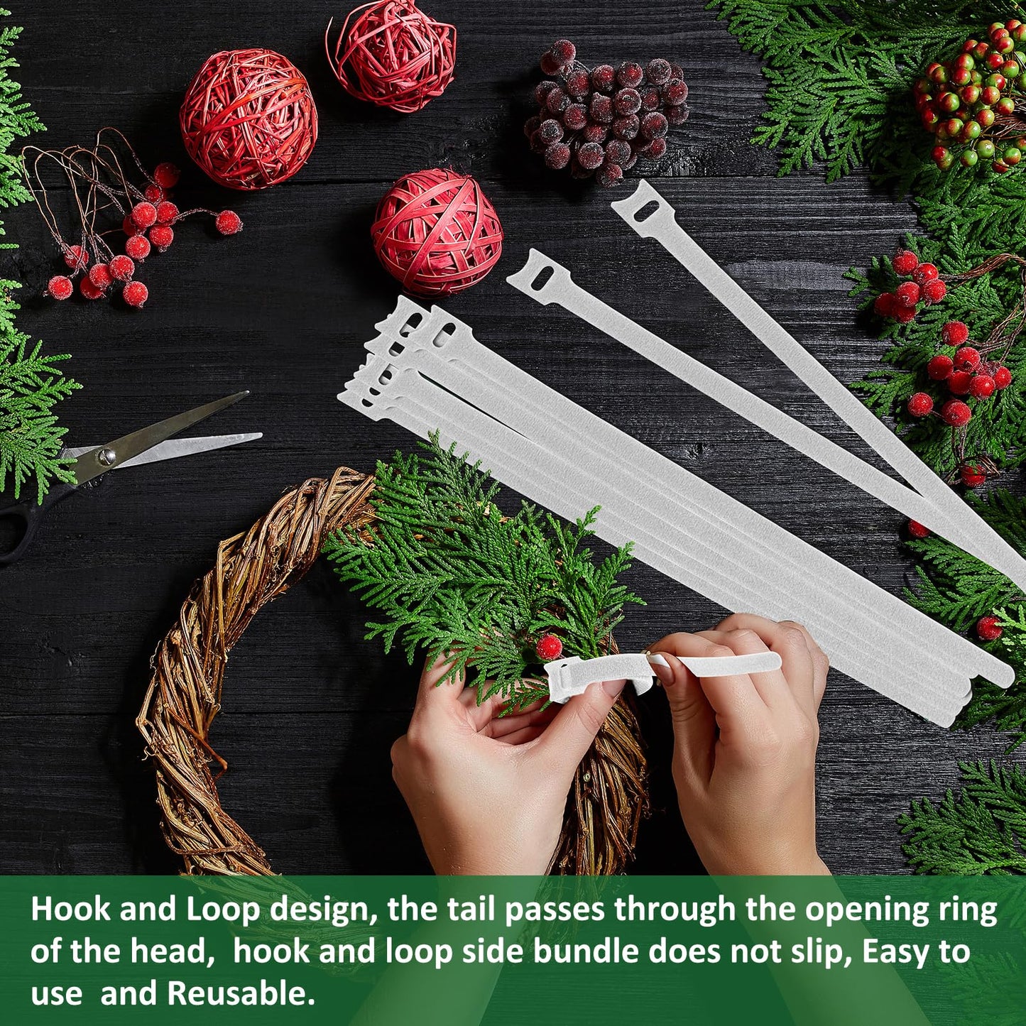 80Pcs Christmas Garland Ties White Hook and Loop Plant Cable Ties Adjustable Holiday Garland Ties Nylon Garden Plant Cable Strap for Wreath Garland Making Xmas Tree Door Banister Stairway Decoration