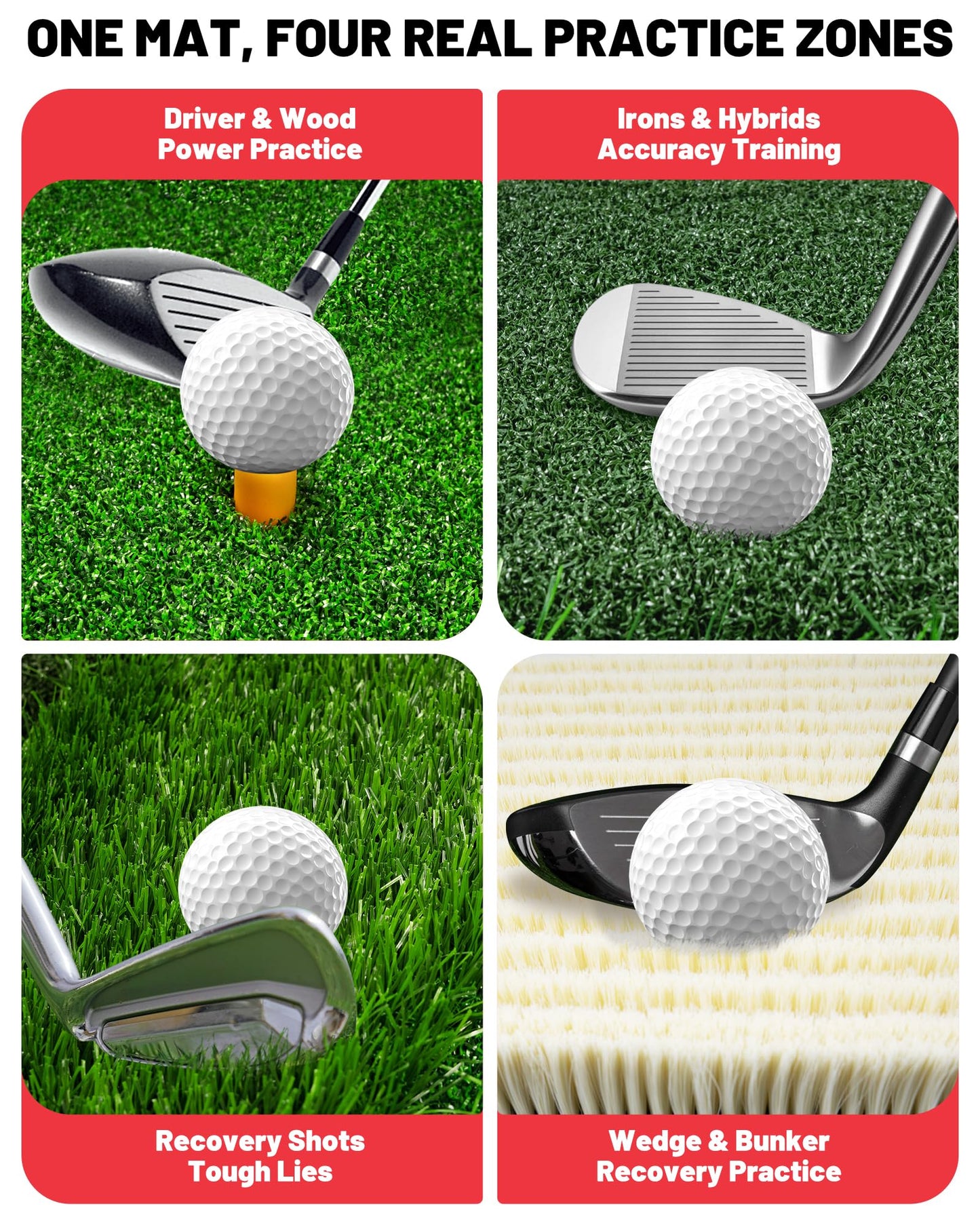 WEEPALM SPORTS 4-in-1 Golf Hitting Mat, Golf Practice Mat with Fairway, Rough, Sand & Tee Turf, Indoor Outdoor Golf Training Mat for Driving, Chipping & Putting with Golf Mat Tees