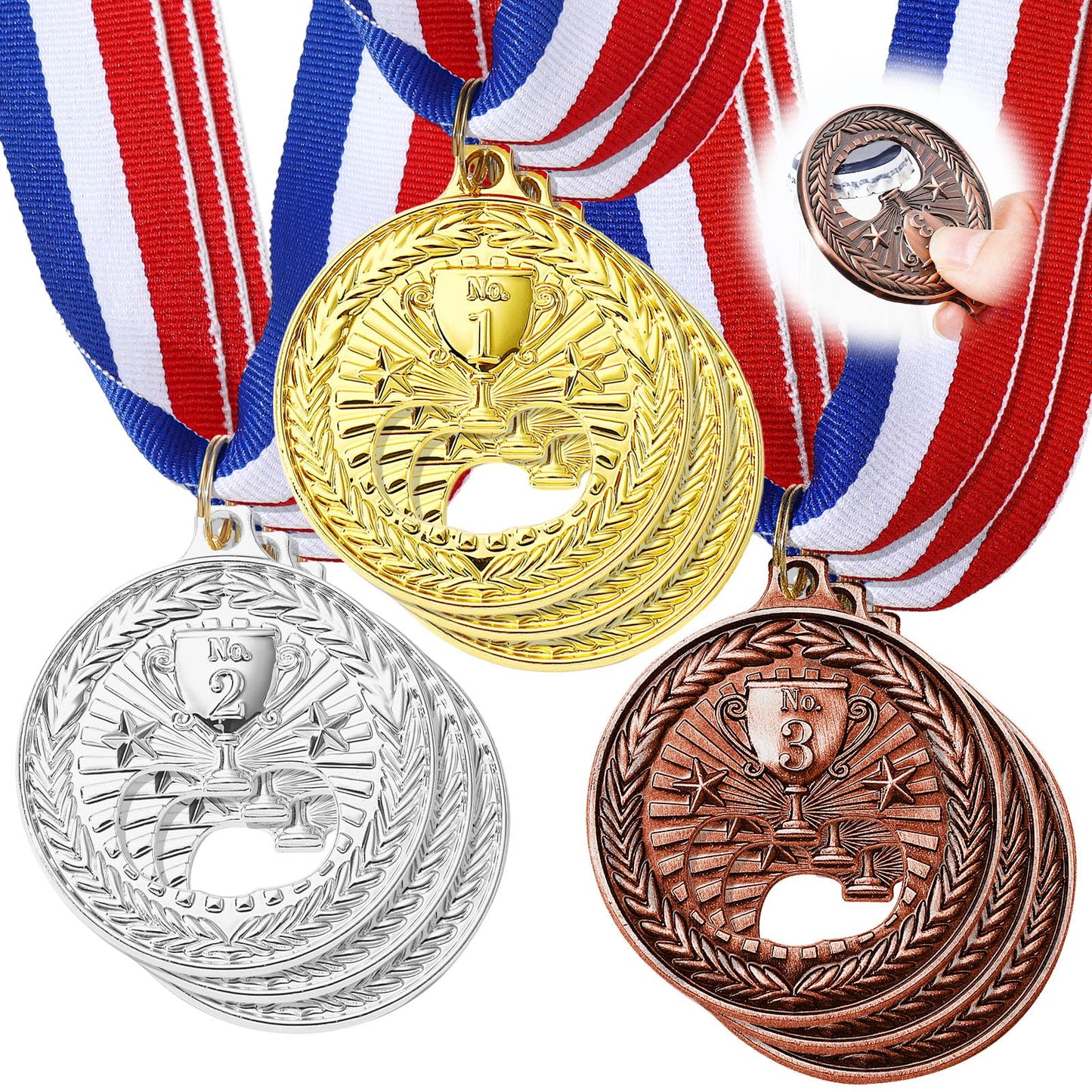 Honeydak Medal Shaped Flat Bottle Opener Winner Award Metal Wine Beer Gold Silver Copper Medal Trophy Opener with Neck Ribbon for Bar Bartender Men Kitchen Restaurant Party (Trophy)