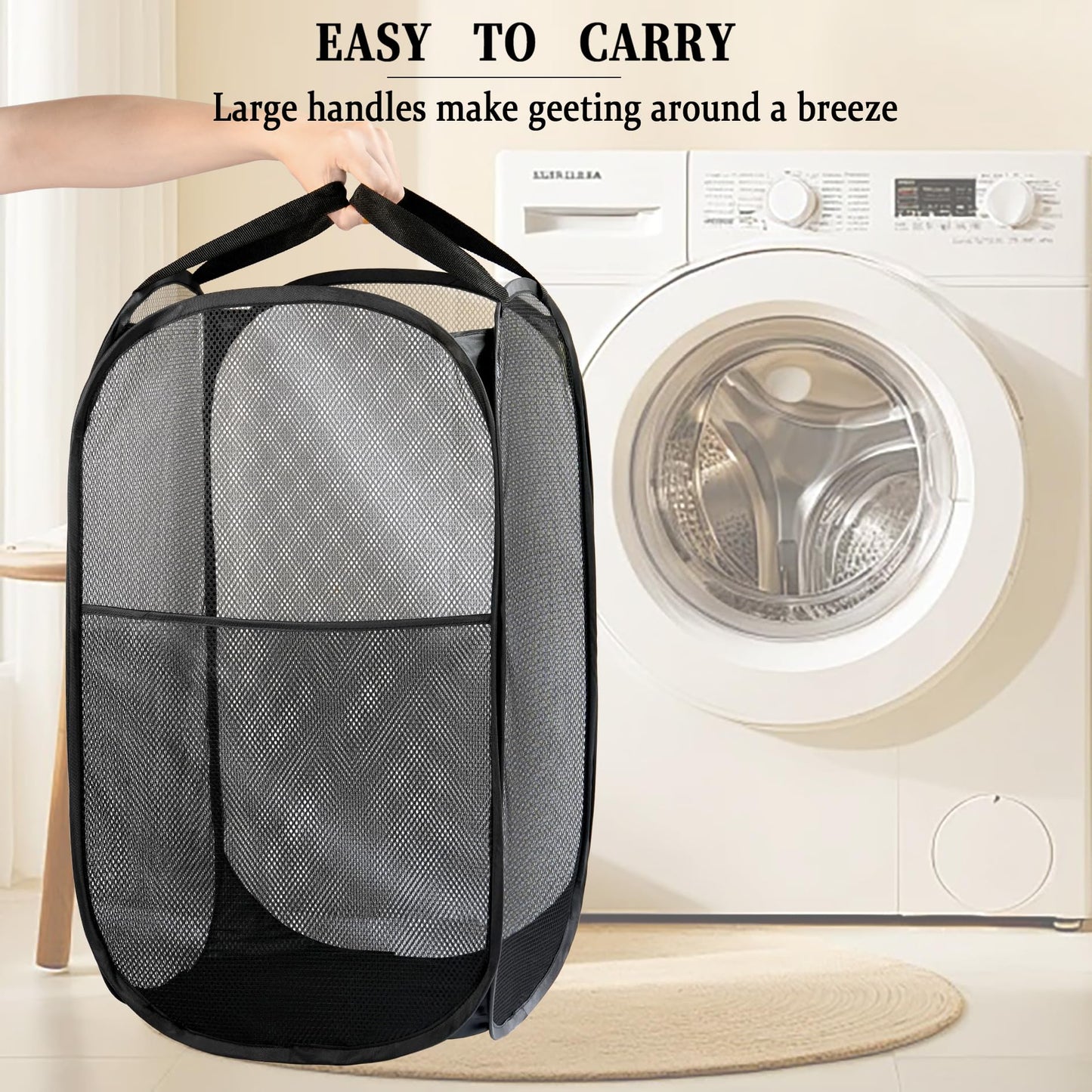 2 Pack Laundry Basket,Foldable Mesh Pop-up Laundry Hamper with Durable Handle,Easy to Open and Fold for Dorm, Laundry Room, Bedroom, RV… (White+Black)