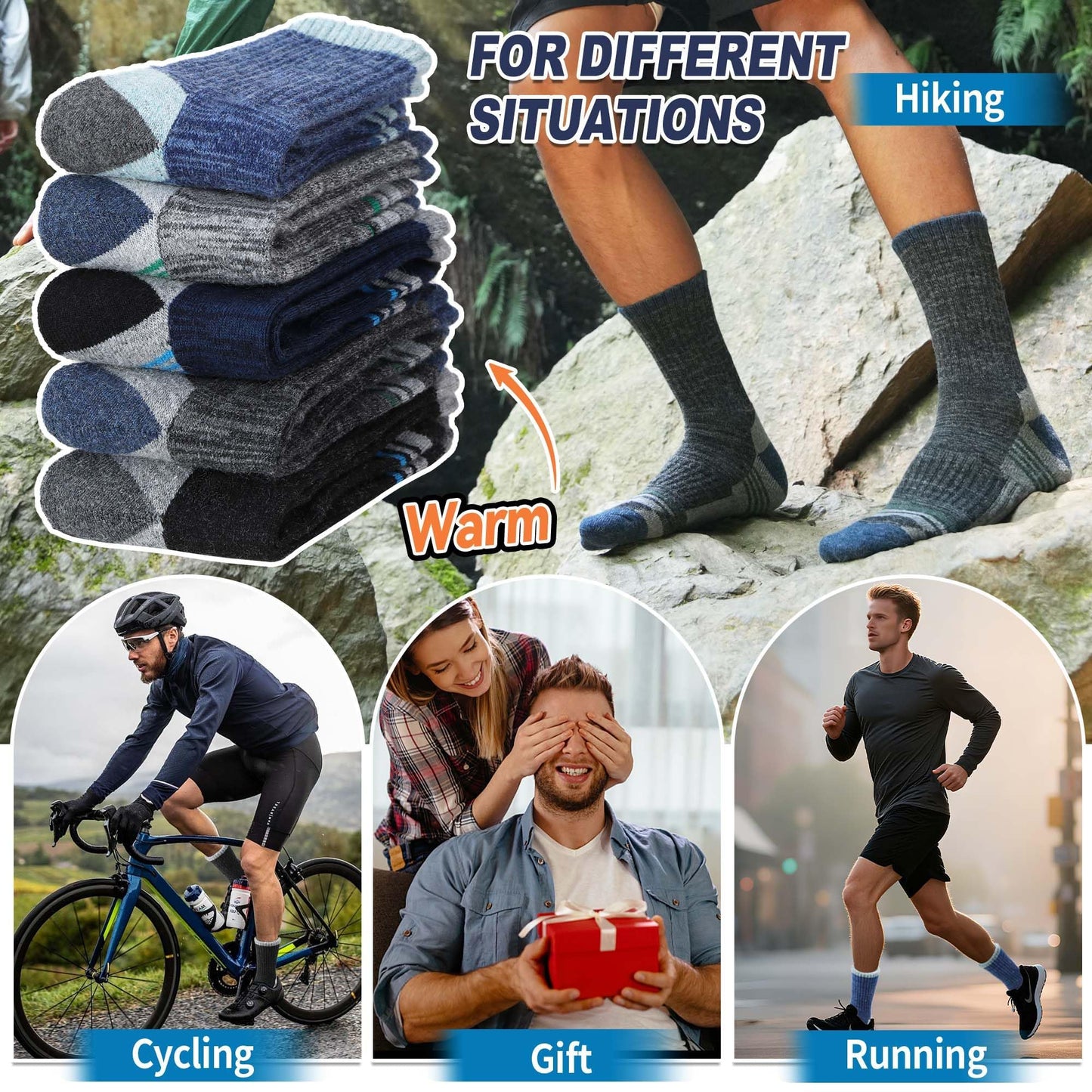 MOGGEI Merino Wool Hiking Socks for Men Thermal Warm Winter Cozy Crew Work Socks 5 Pairs Gifts Stocking Stuffers(Grey/Blue/Dark Blue/Black,L)