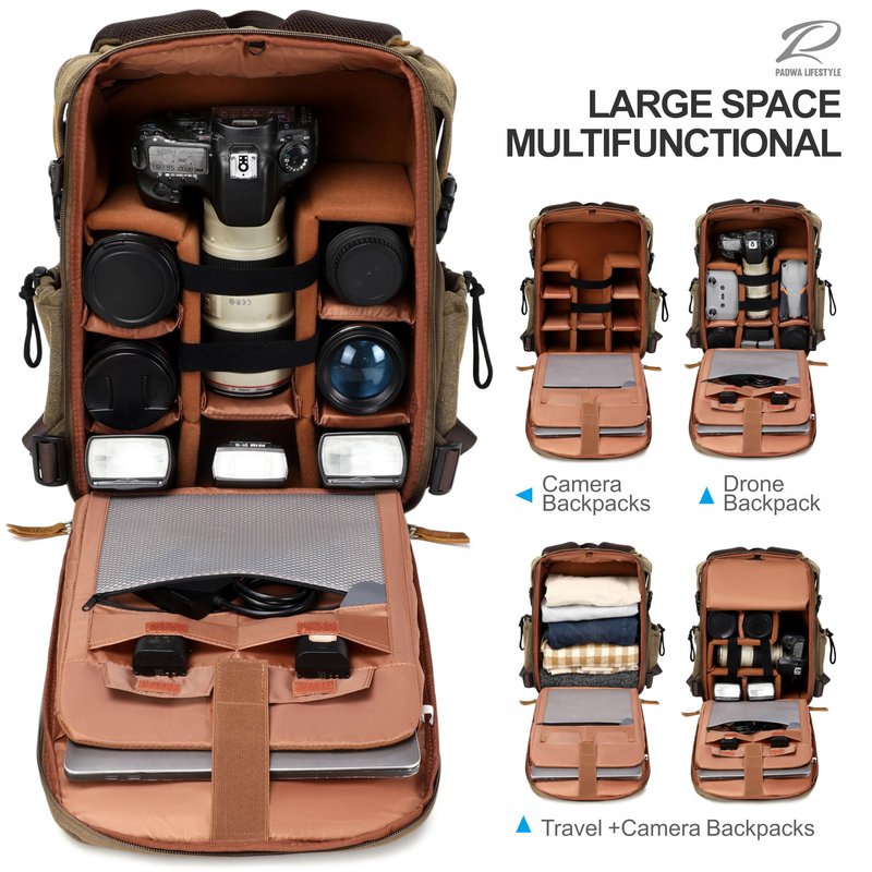 Padwa Lifestyle Khaki Camera Backpack - Professional DSLR & UAV Camera Bag,Anti Theft Canvas Camera Backpacks with Rain Cover,Large Capacity Photography Travel Camera Bag with Multi Compartments