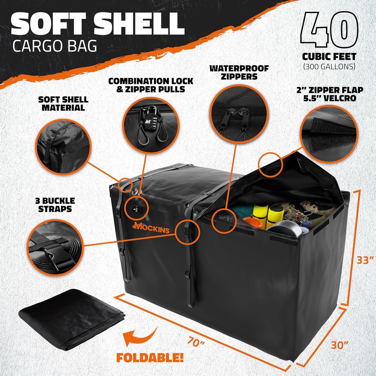 Mockins XXL Folding Trailer Hitch Cargo Carrier - 500 Lbs Capacity All-Weather Steel Rack | 70"x30"x6" w/ 40 CuFt Waterproof Bag & Accessories