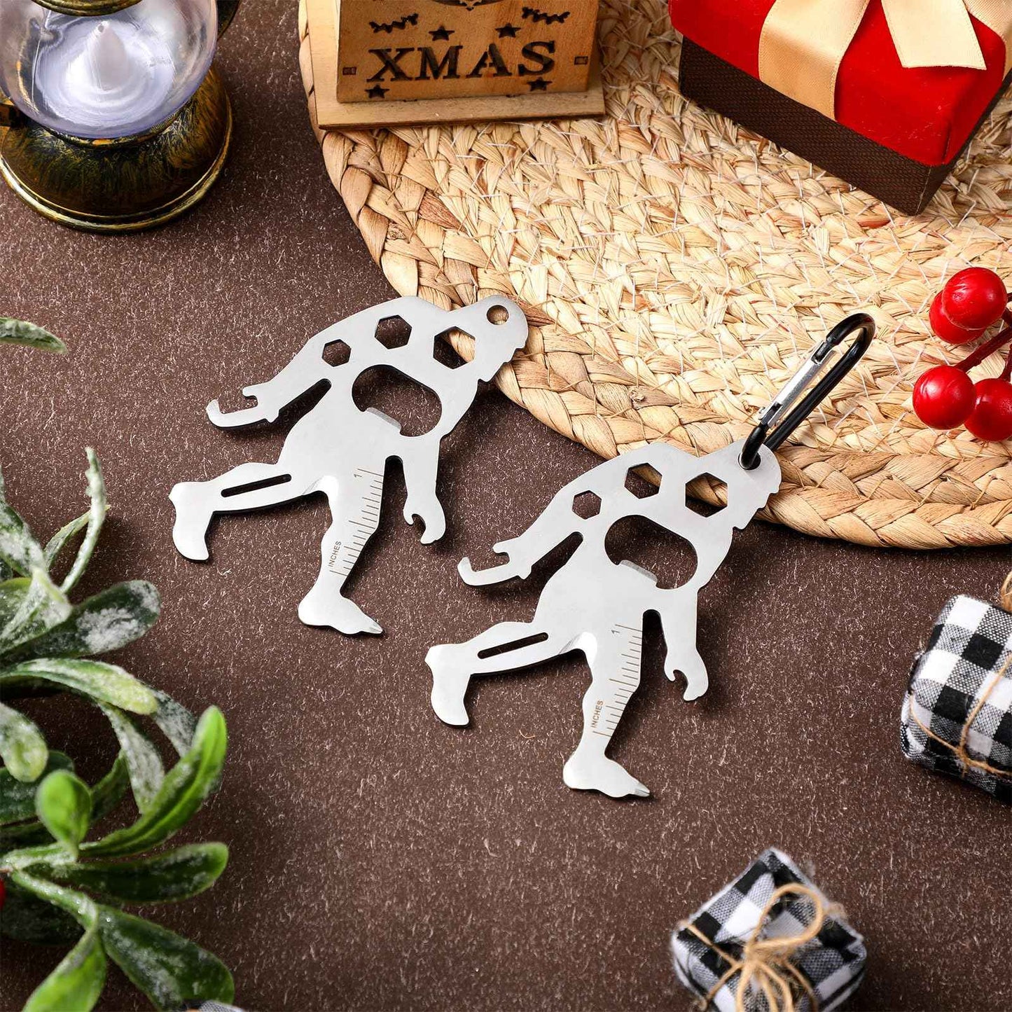 Cholemy 12 Pcs Credit Card Tool Novelty Christmas Stocking Stuffer Wallet Multitool Edc Gadget Friendship Bigfoot Sasquatch Elephant Gift Small Hand Carabiners Tool for Men Birthday(Ape-man,Silver)