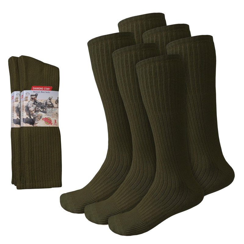 Diamond Star Men's Military Boot Socks – Quick-Dry Cotton Crew Socks for Army, Firefighters, Police, Hiking & Trekking Pack 6 Pairs Green (10-13).