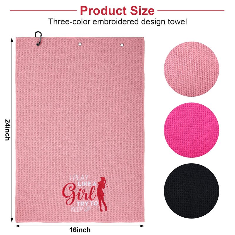 Moukeren 3 Pcs Funny Womens Golf Towels Microfiber Embroidered Ball Towel with Clip for Mother Day Retirement Birthday Gift for Grandma Mom Sister Golfer Lover(Black, Hot Pink, Pink,Elegant Style)