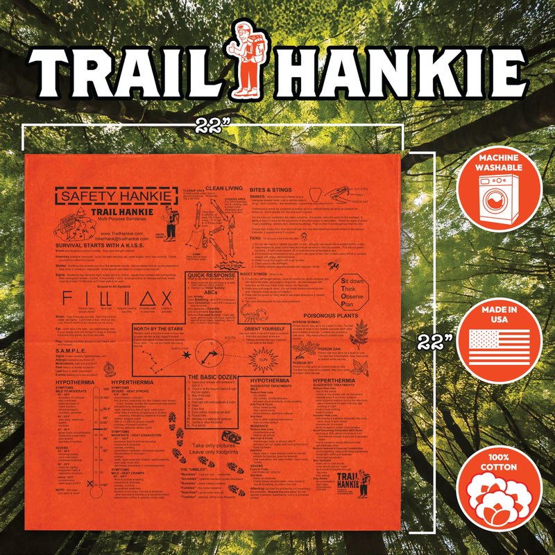 Trail Hankie Safety Bandana – Hiking & Camping Survival Bandana, Emergency Outdoor Knowledge, 100% Cotton, Made in USA, Machine Washable, Orange