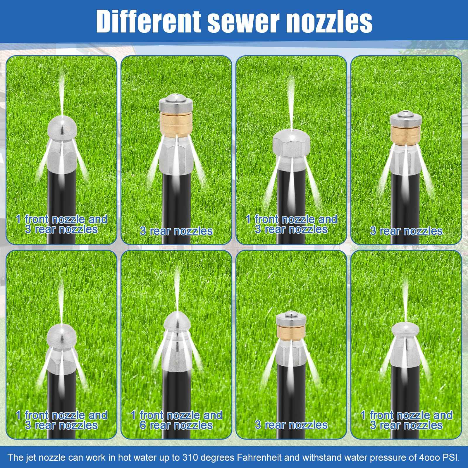 10pcs Sewer Jetter Nozzle Kit Stainless Steel, Pressure Washer Sewer Jetter Nozzle, 1/4" & 3/8" NPT Quick Connectors, 5000 PSI