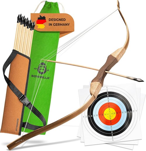 BOWRILLA® Kids Wooden Bow and Arrow Set - 10 Arrows, Quiver, 3 Targets & Storage Bag | Indoor & Outdoor Fun for All