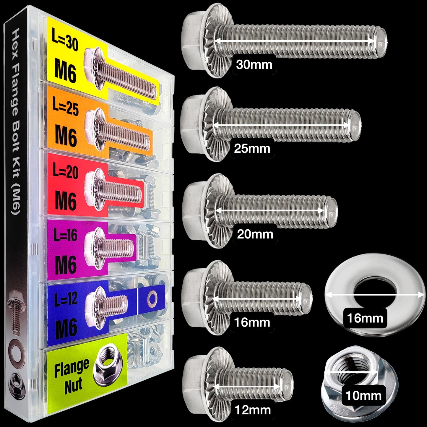 EEEEE Metric Hex Flanged Bolt Assortment Kit 138pcs and Nuts Kit Set,M6 Bolt 12 mm 16mm 20mm 25mm 30mm, Flange Metric Large Hardware Grade Hex Bolt Assortment,304 Stainless Steel Class Flat Washers