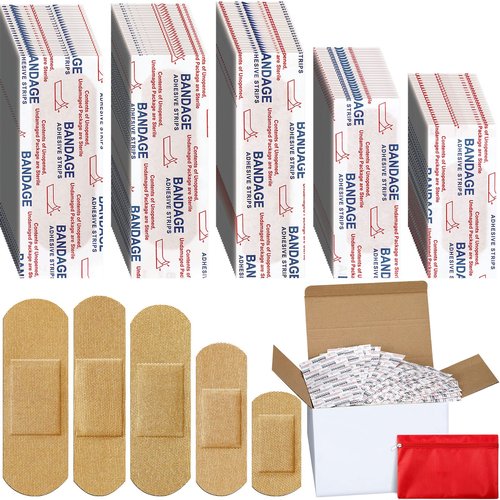 Lounsweer 1000 Pcs Fabric Adhesive Bandages Variety Pack Bulk Assorted Sizes Flexible Breathable Patch Fabric Bandages for Family First Aid Skin Wrap Finger Wound, Natural