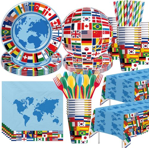 APOWBLS International World Flags Tableware Set - Olympic Party Supplies for 24 Guests | Plates, Cups, Napkins, Cutlery, Tablecloth